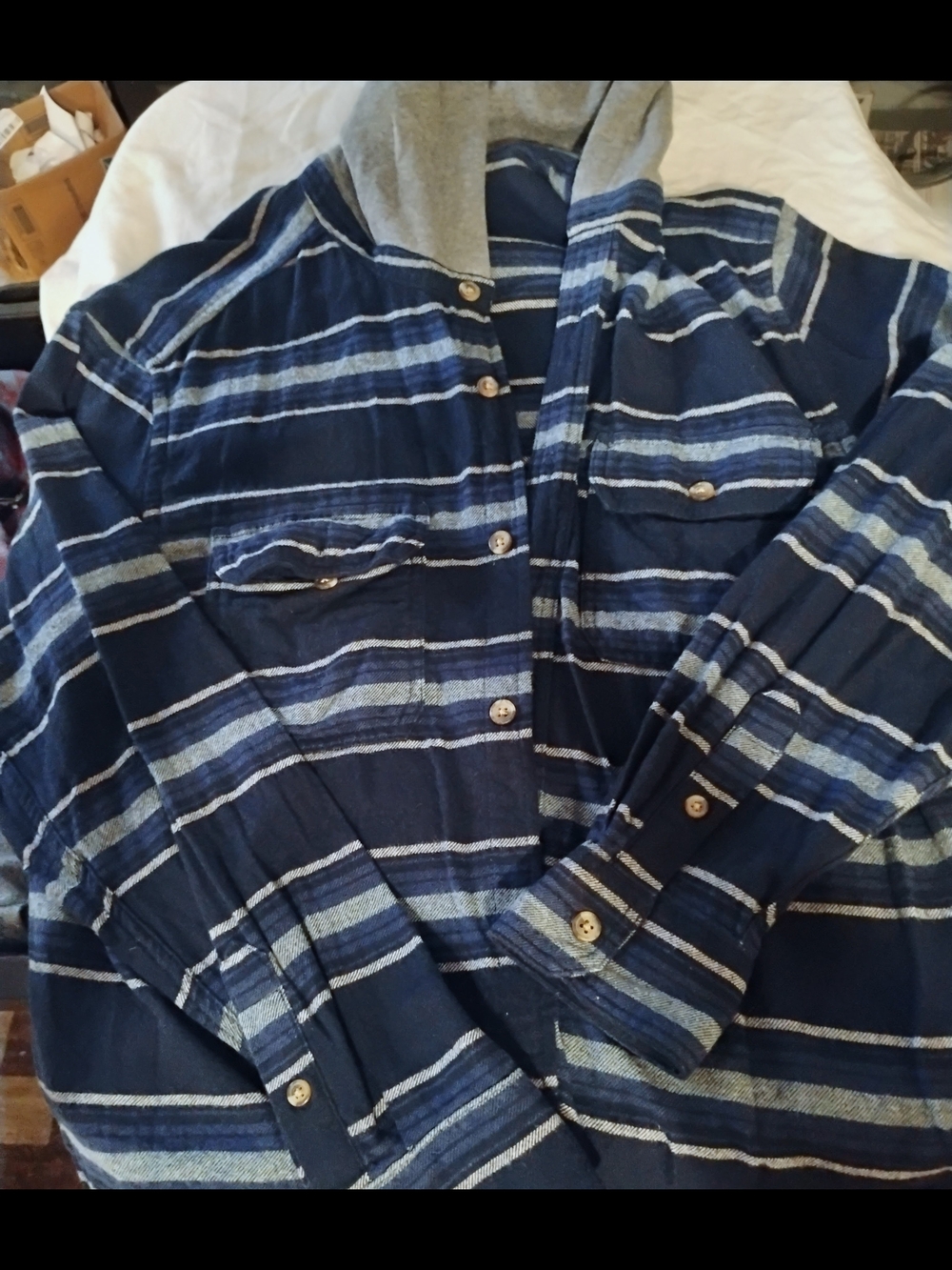 Old Navy Navy and Light Blue Striped Button-Down Shirt with Hood